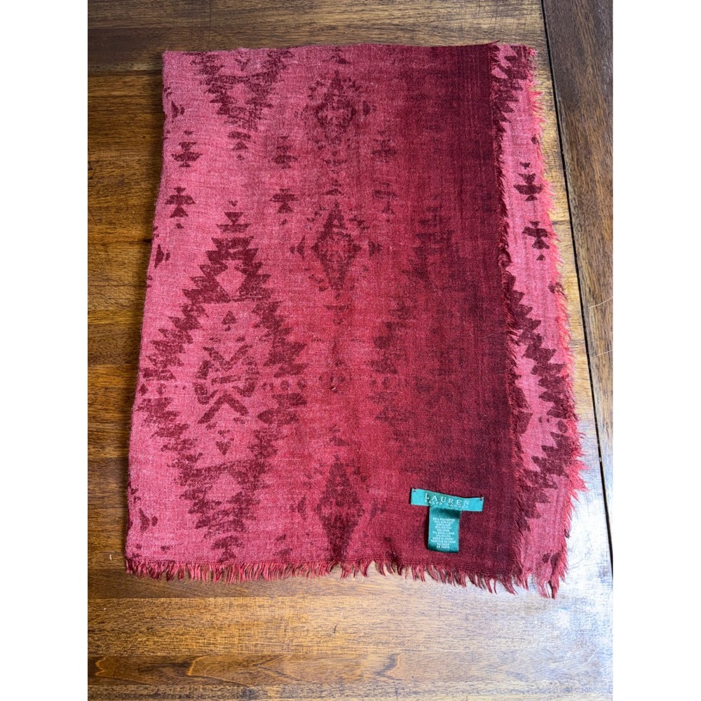 Lauren Ralph Lauren Red Southwestern Geometric Aztec Wool Blend Fringe Scarf - Picture 2 of 3